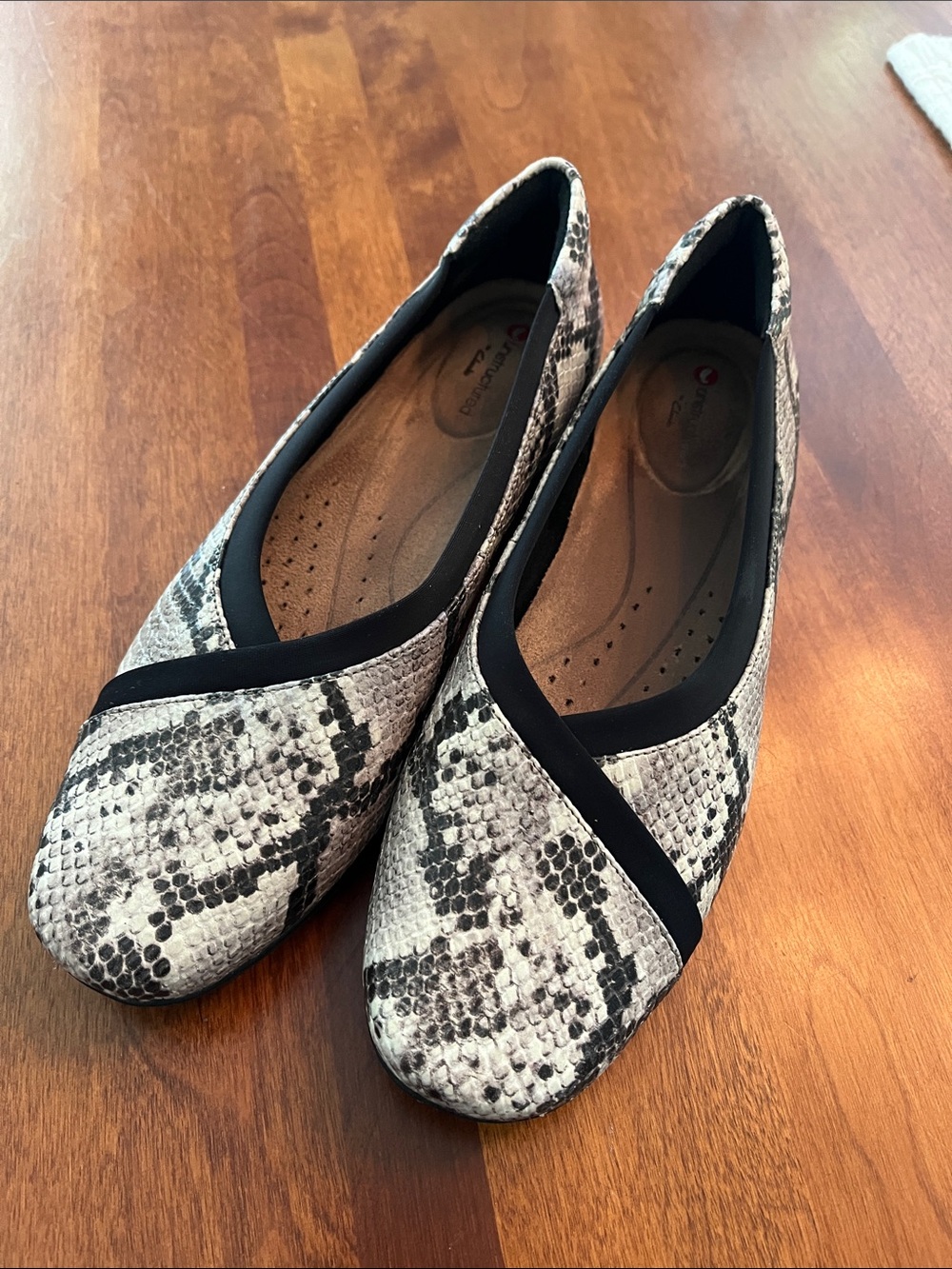 Snake-Print Comfort Ballet Flats in cream, gray, and Black